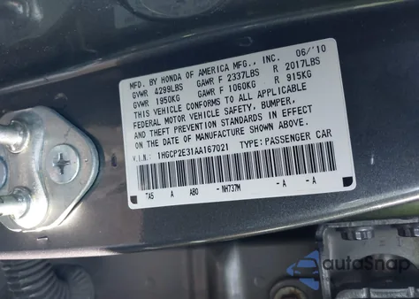 2010 Honda Accord 2.4 Lx z USA, uszkodzony, nr VIN 1HGCP2E31AA167021
